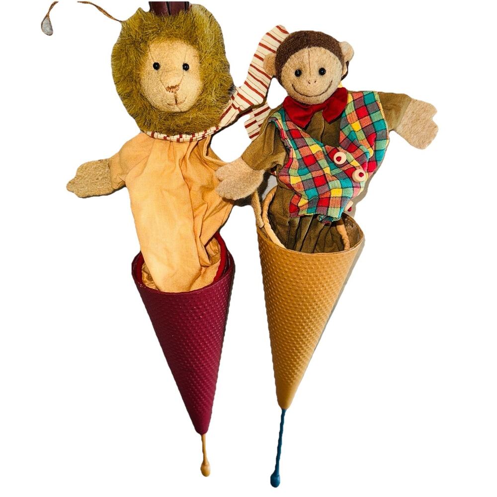 Vintage Peek A Boo Pop Up Lion King & Monkey Jester Stick Puppet Theatre Pretend